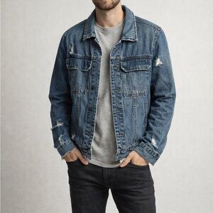 BLANKNYC Distressed Denim Jacket Men’s Large Oversized Raw Hem Frayed Blue Jean